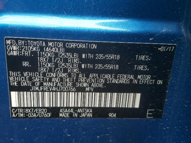 JTMJFREV4HJ700766 - 2017 TOYOTA RAV4 SE BLUE photo 10