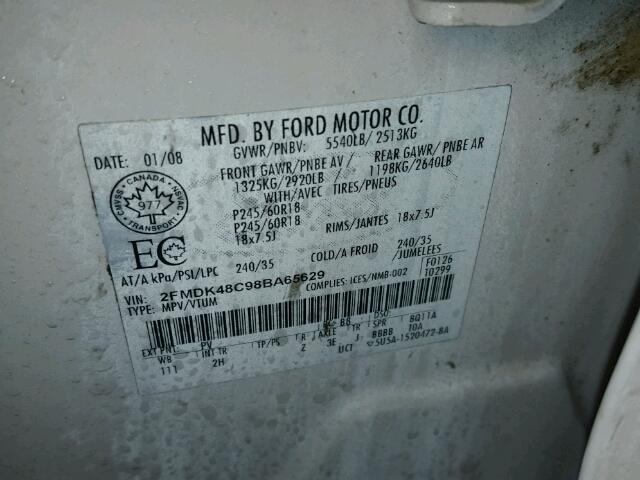 2FMDK48C98BA65629 - 2008 FORD EDGE SEL WHITE photo 10