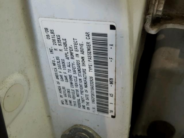 1HGCP26719A032926 - 2009 HONDA ACCORD EX WHITE photo 10