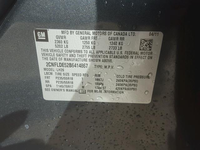 2CNFLDE52B6414867 - 2011 CHEVROLET EQUINOX LT GRAY photo 10