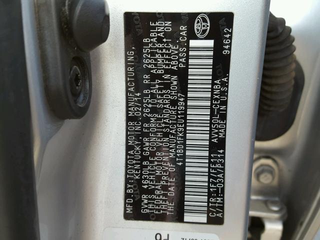 4T1BD1FK9EU119947 - 2014 TOYOTA CAMRY HYBR SILVER photo 10