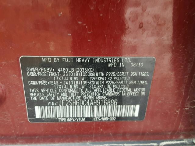 JF2SH6DC4AH916886 - 2010 SUBARU FORESTER 2 RED photo 10