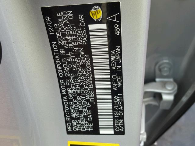 JTHBB1BA0A2020834 - 2010 LEXUS HS 250H SILVER photo 10