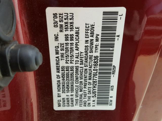 5J6YH28776L016836 - 2006 HONDA ELEMENT EX MAROON photo 10