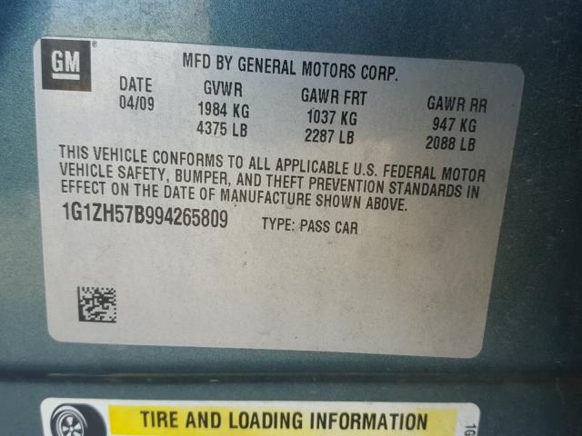 1G1ZH57B994265809 - 2009 CHEVROLET MALIBU 1LT 绿色 照片 10