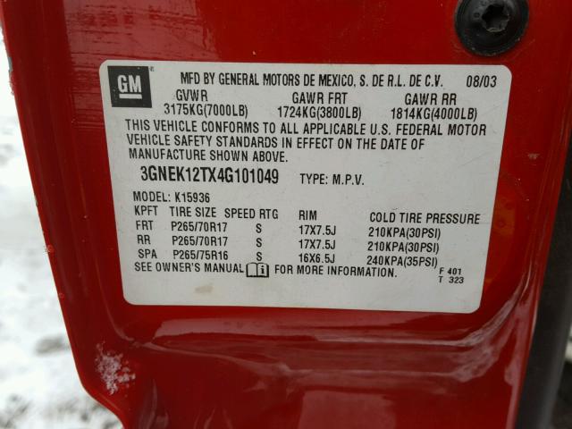 3GNEK12TX4G101049 - 2004 CHEVROLET AVALANCHE RED photo 10