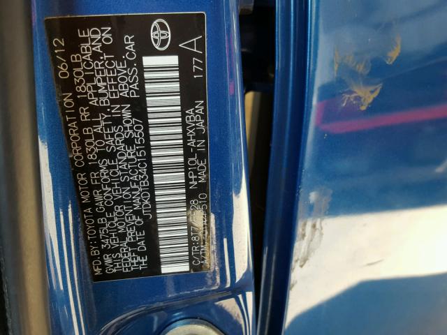 JTDKDTB34C1515507 - 2012 TOYOTA PRIUS C BLUE photo 10