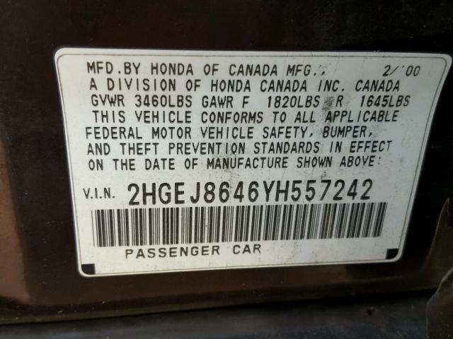 2HGEJ8646YH557242 - 2000 HONDA CIVIC EX მუქწითელი ფოტო 10