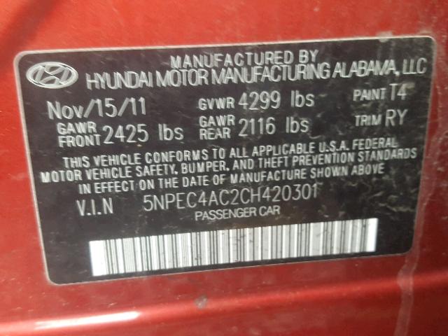 5NPEC4AC2CH420301 - 2012 HYUNDAI SONATA SE RED photo 10