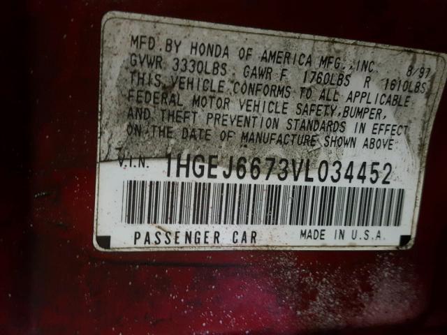 1HGEJ6673VL034452 - 1997 HONDA CIVIC LX RED photo 10