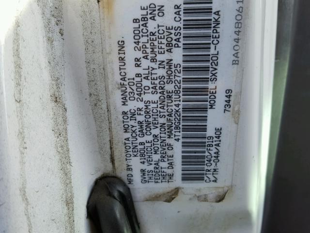 4T1BG22K41U822725 - 2001 TOYOTA CAMRY CE WHITE photo 10