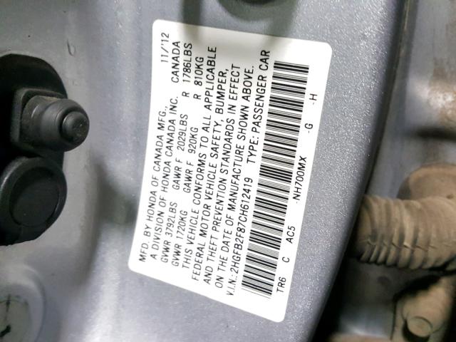 2HGFB2F87CH612419 - 2012 HONDA CIVIC EX SILVER photo 10