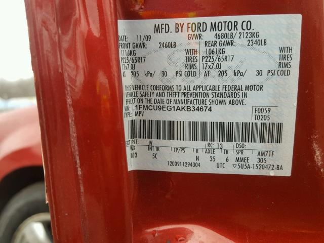 1FMCU9EG1AKB34674 - 2010 FORD ESCAPE LIM RED photo 10