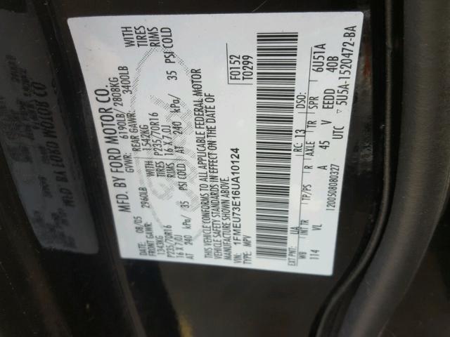 1FMEU73E16UA10124 - 2006 FORD EXPLORER X BLACK photo 10