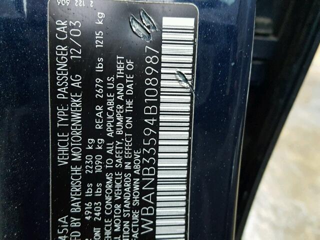 WBANB33594B108987 - 2004 BMW 545 I BLUE photo 10