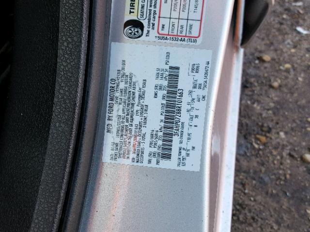 3FAHP07Z88R101663 - 2008 FORD FUSION SE SILVER photo 10