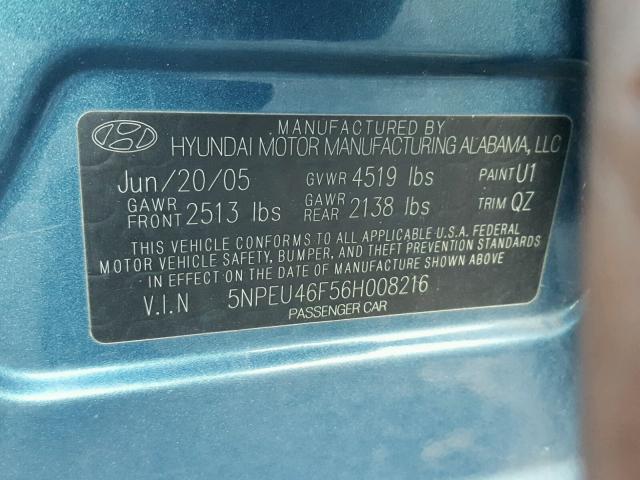 5NPEU46F56H008216 - 2006 HYUNDAI SONATA GLS BLUE photo 10