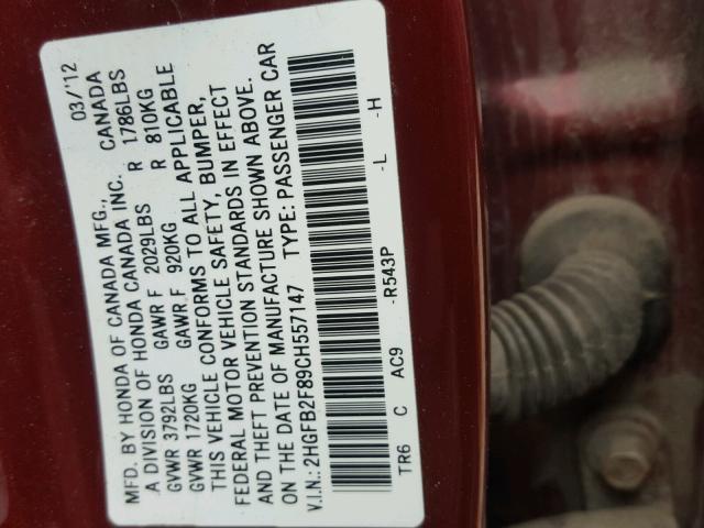 2HGFB2F89CH557147 - 2012 HONDA CIVIC EX მუქწითელი ფოტო 10