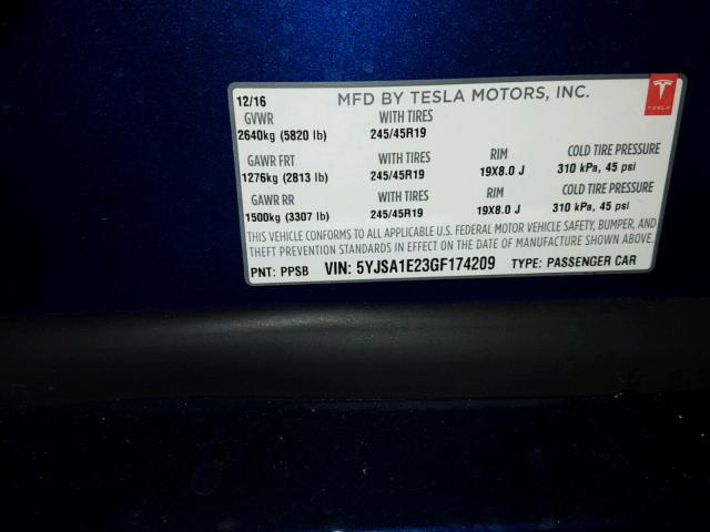 5YJSA1E23GF174209 - 2016 TESLA MODEL S Կապույտ լուսանկար 10