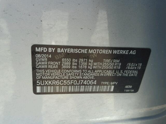 5UXKR6C55F0J74064 - 2015 BMW X5 XDRIVE5 SILVER photo 10