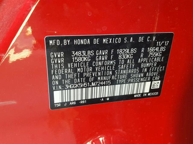 3HGGK5H51JM724415 - 2018 HONDA FIT LX RED photo 10