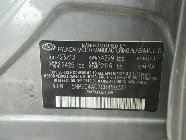 5NPEC4AC3CH459222 - 2012 HYUNDAI SONATA SE GRAY photo 10