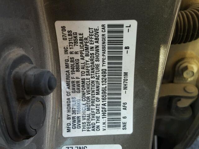 1HGFA16596L132490 - 2006 HONDA CIVIC LX GRAY photo 10