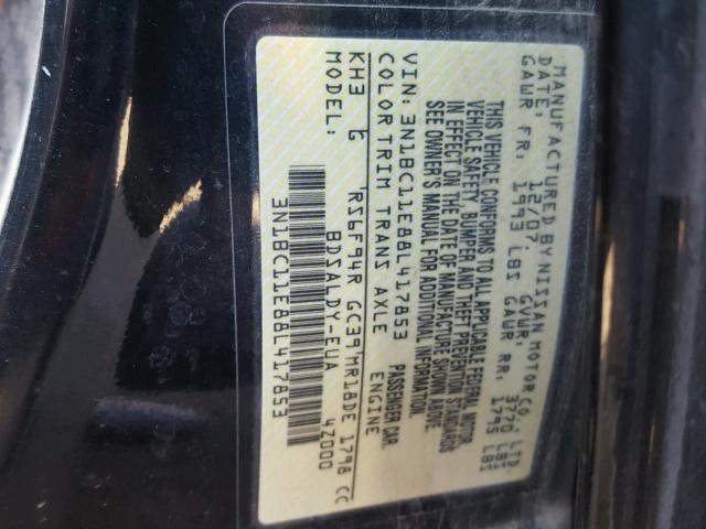 3N1BC11E88L417853 - 2008 NISSAN VERSA S BLACK photo 10