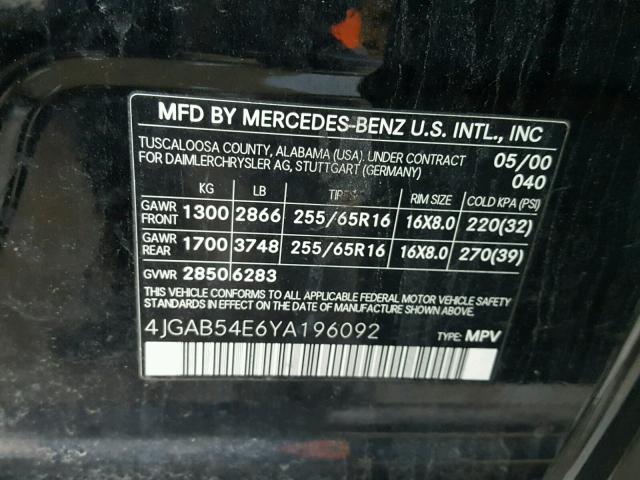 4JGAB54E6YA196092 - 2000 MERCEDES-BENZ ML 320 BLACK photo 10