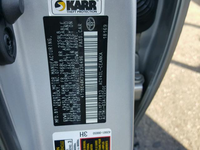 4T1BE46K79U336496 - 2009 TOYOTA CAMRY BASE SILVER photo 10