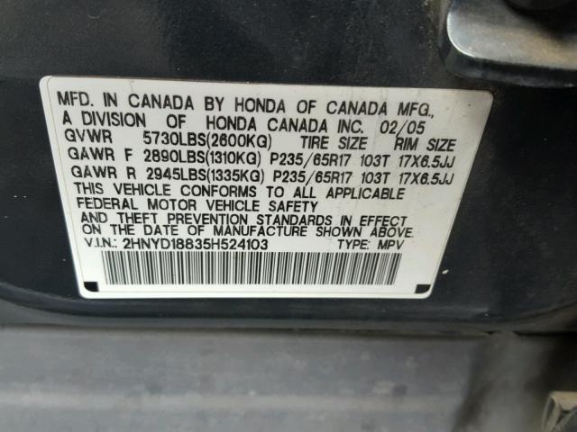 2HNYD18835H524103 - 2005 ACURA MDX TOURIN GRAY photo 10