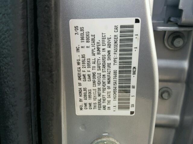 1HGCM55415A174480 - 2005 HONDA ACCORD LX SILVER photo 10