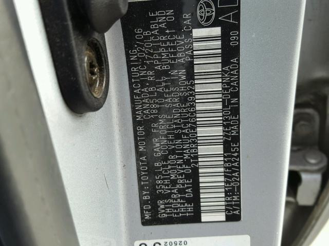 2T1BR30E76C639325 - 2006 TOYOTA COROLLA CE SILVER photo 10