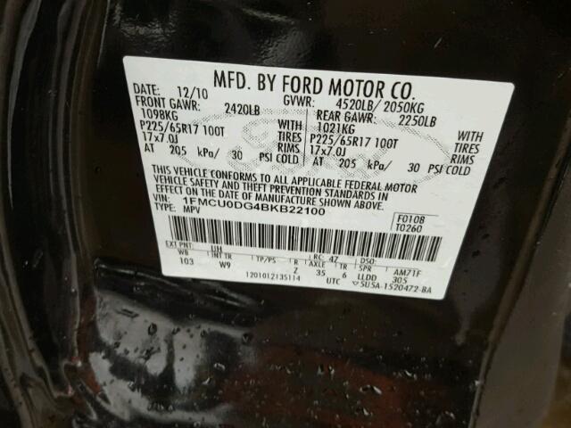 1FMCU0DG4BKB22100 - 2011 FORD ESCAPE XLT BLACK photo 10