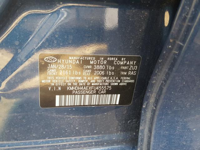 KMHDH4AEXFU455575 - 2015 HYUNDAI ELANTRA SE BLUE photo 10