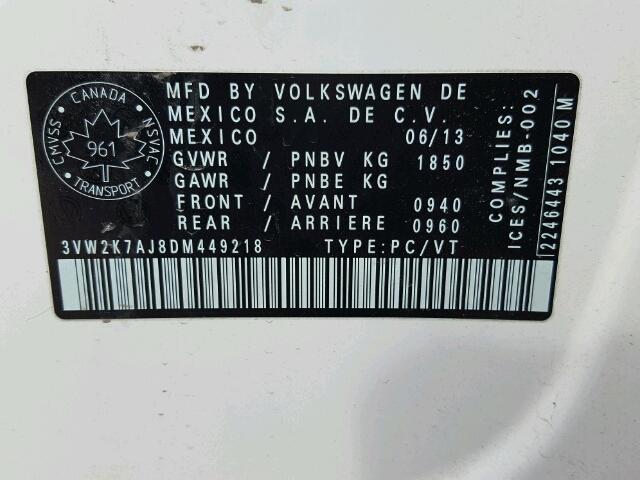 3VW2K7AJ8DM449218 - 2013 VOLKSWAGEN JETTA BASE WHITE photo 10