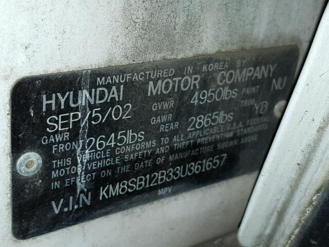 KM8SB12B33U361657 - 2003 HYUNDAI SANTA FE G WHITE photo 10