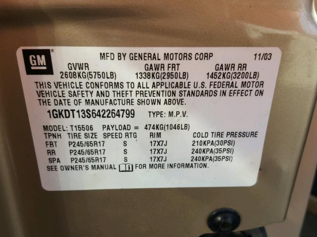 1GKDT13S642264799 - 2004 GMC ENVOY GOLD photo 10