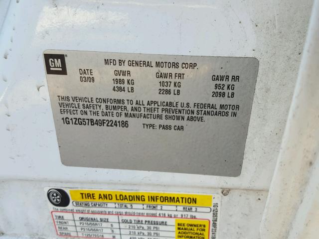 1G1ZG57B49F224186 - 2009 CHEVROLET MALIBU LS თეთრი ფოტო 10