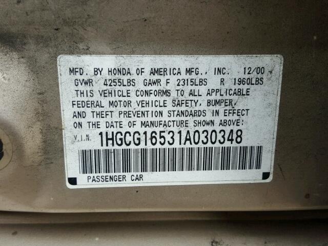 1HGCG16531A030348 - 2001 HONDA ACCORD EX GOLD photo 10