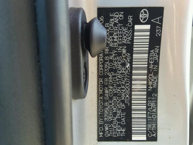 JTDKB20U777567969 - 2007 TOYOTA PRIUS SILVER photo 10