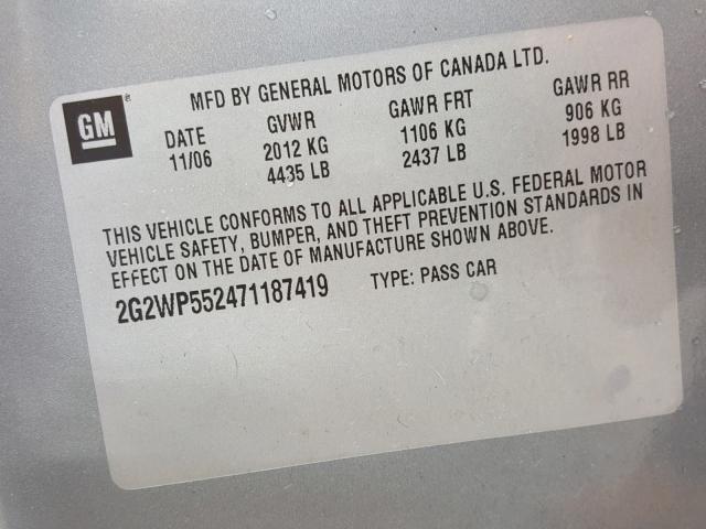 2G2WP552471187419 - 2007 PONTIAC GRAND PRIX ნაცრისფერი ფოტო 10