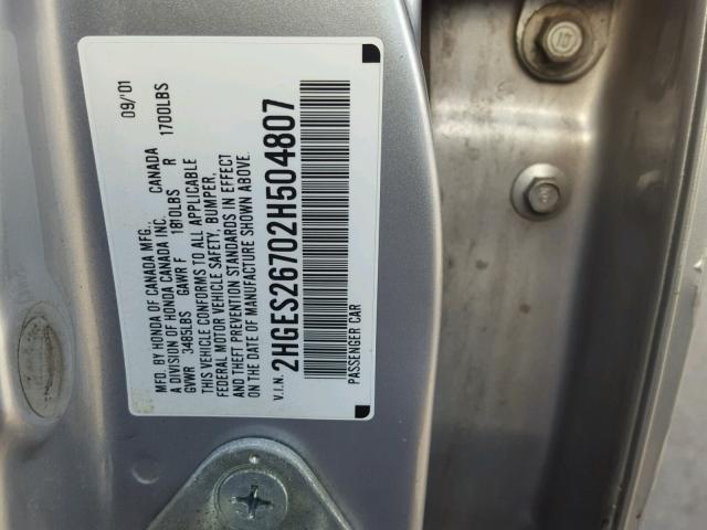 2HGES26702H504807 - 2002 HONDA CIVIC EX ვერცხლისფერი ფოტო 10