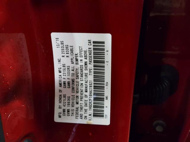 1HGCR2F16HA078921 - 2017 HONDA ACCORD SPO RED photo 10