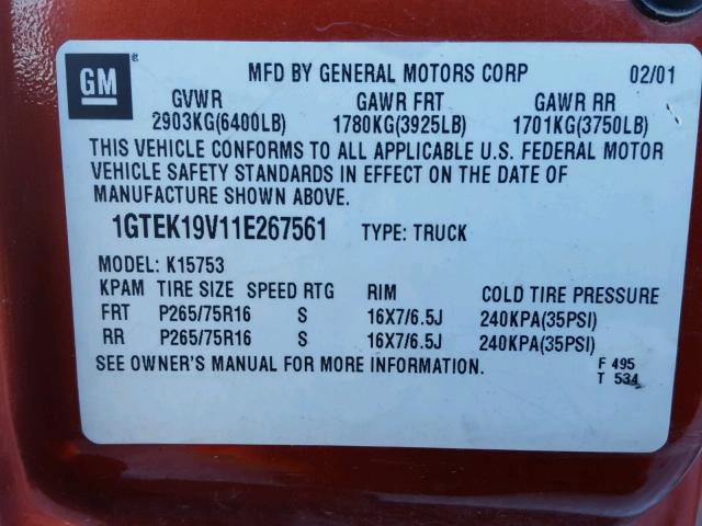 1GTEK19V11E267561 - 2001 GMC NEW SIERRA RED photo 10