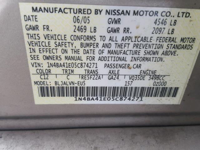 1N4BA41E05C874271 - 2005 NISSAN MAXIMA SE GOLD photo 10