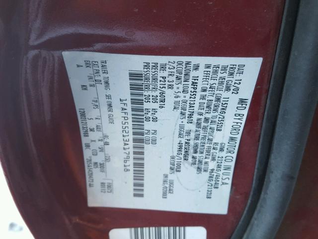 1FAFP55213A179618 - 2003 FORD TAURUS SES RED photo 10