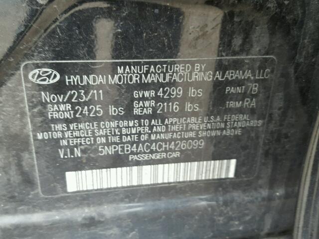 5NPEB4AC4CH426099 - 2012 HYUNDAI SONATA GLS BLACK photo 10