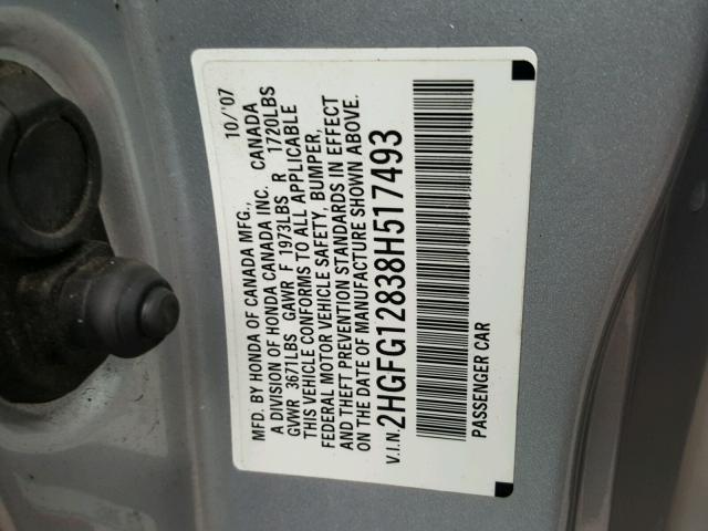 2HGFG12838H517493 - 2008 HONDA CIVIC EX SILVER photo 10