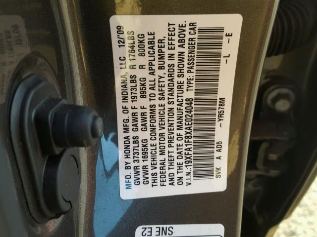 19XFA1F8XAE024048 - 2010 HONDA CIVIC EX GRAY photo 10